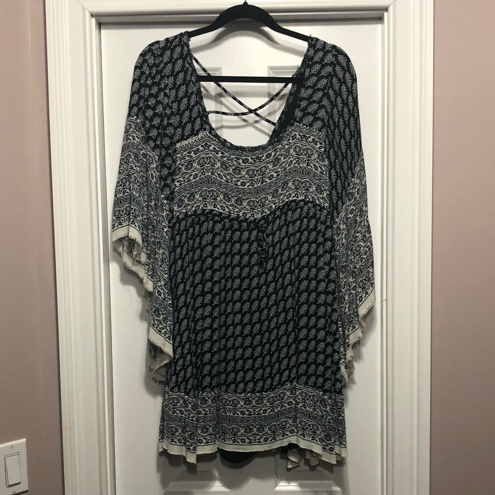 Boho Blue/Black Mixed Print Bell Sleeve Tunic